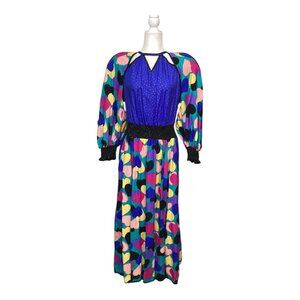 Vintage‎ 1980's Jeanne Marc Colorful Heart Print Maxi Dress Size 12 / 14 Unique